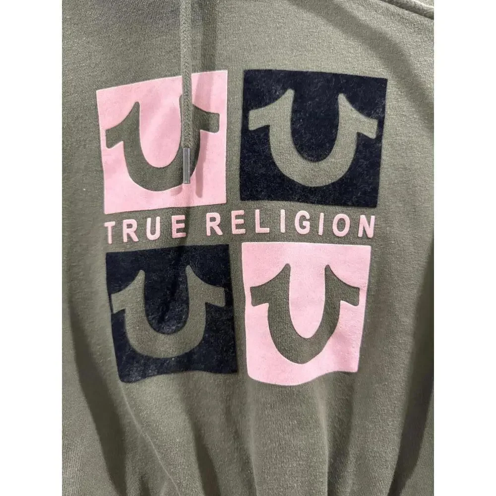 True Religion Army Green And Pink Logo Cropped Hoodie Sweatshirt- Size Small - Picture 3 of 9